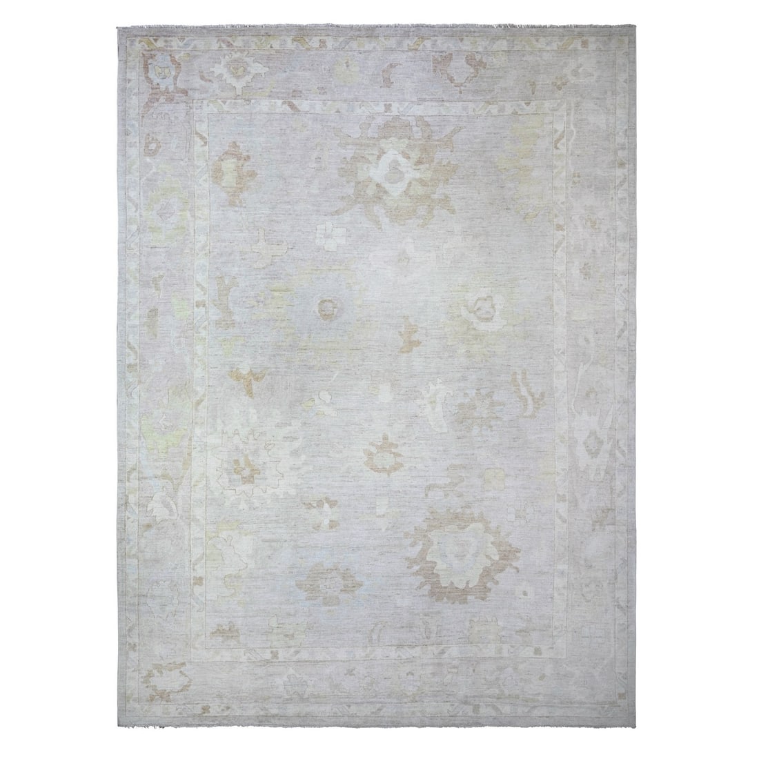 11'8"x15'6" Misty Gray Afghan Angora Oushak Faded Colors Oriental Rug: 11'8"x15'6" Misty Gray Afghan Angora Oushak Faded Colors Oriental Rug 11'8" x 15'6" Misty Gray Afghan Angora Oushak Faded Colors Oriental Rug is a stunning example of Afghan craftsmanship, boasting a 