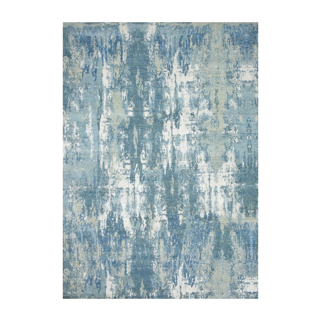 Hand Knotted Wool and Real Silk Rug Yale Blue 10'1"x14'2: Hand Knotted Wool and Real Silk Rug Yale Blue 10'1"x14'2 Hand-knotted with wool and real silk, this stunning Yale Blue rug boasts a rich, abstract pattern in a deep blue field. The rug's rectangular s
