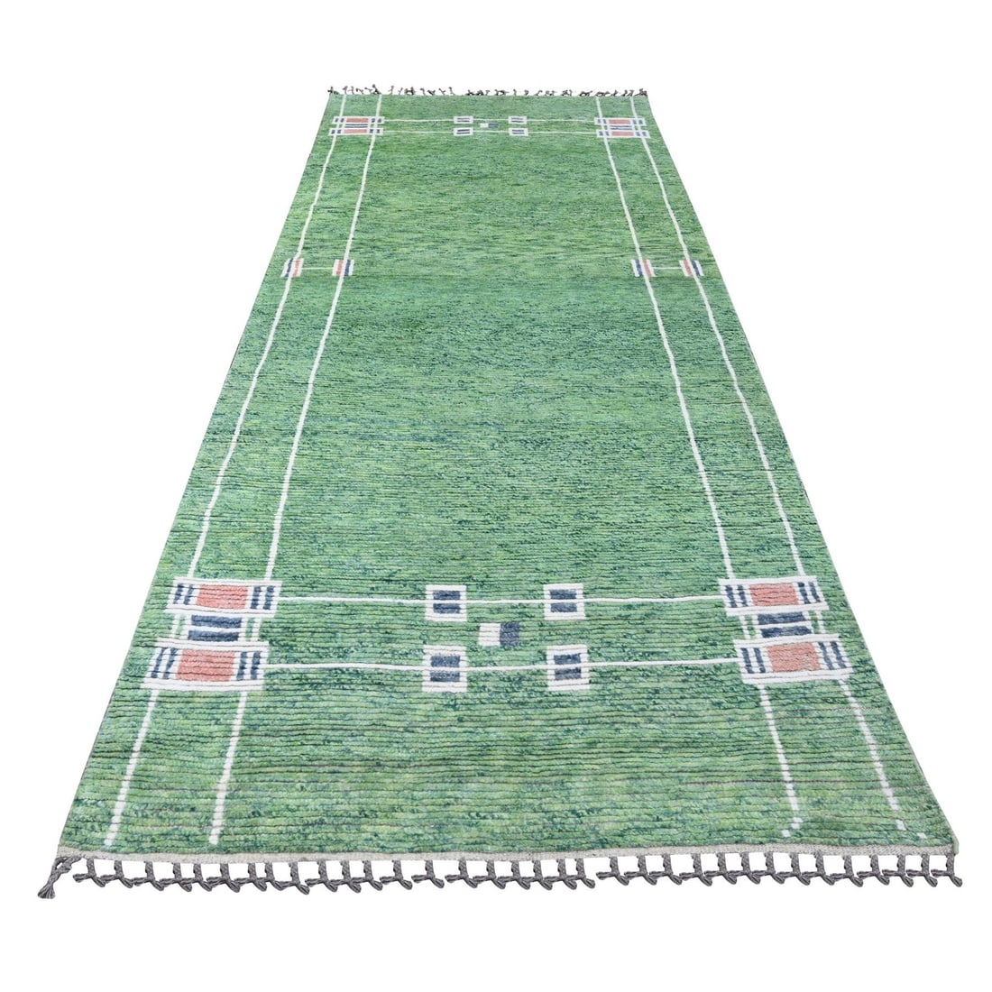 Moroccan Weave Wool Hand Knotted Runner Rug Green Line Design 5'1"x12'3 (1 of 6)