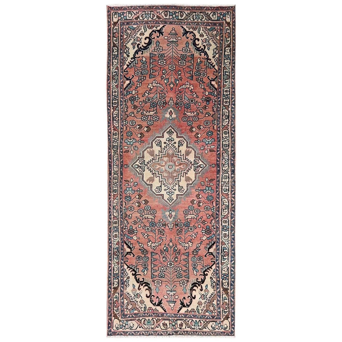 3'3"x8'9" Peach Vintage Zoroastrian Pure Wool Hand Knotted Runner Rug: 3'3"x8'9" Peach Vintage Zoroastrian Pure Wool Hand Knotted Runner Rug This stunning 3'3"x8'9" Peach Vintage Zoroastrian Pure Wool Hand Knotted Runner Rug boasts an all-over regional design, showcasing