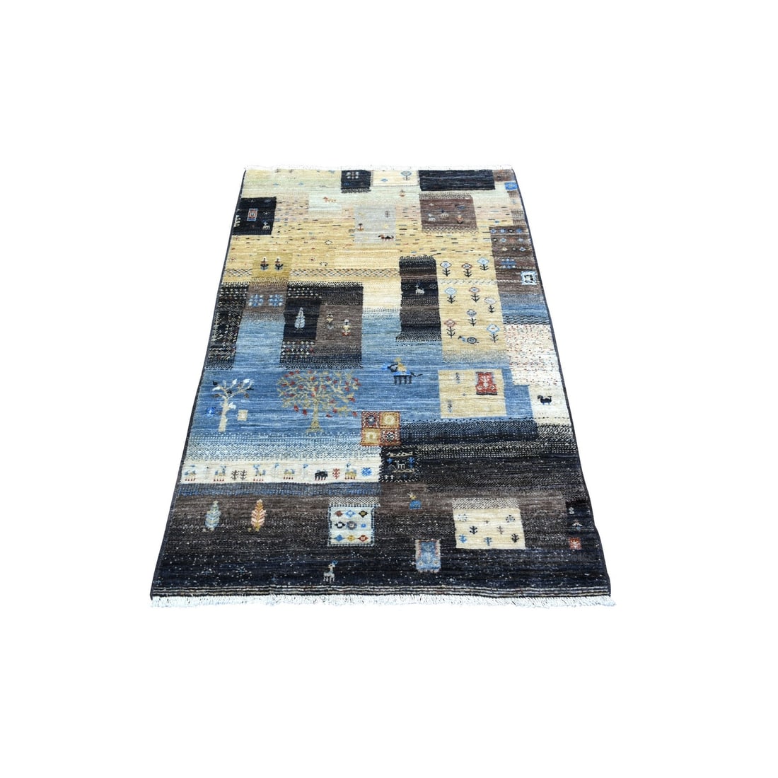 3'1"x5' Black Afghan Kashkuli Gabbeh Hand Knotted Pure Wool Oriental Rug: 3'1"x5' Black Afghan Kashkuli Gabbeh Hand Knotted Pure Wool Oriental Rug Black Afghan Kashkuli Gabbeh Hand Knotted Pure Wool Oriental Rug features a rectangular field with a subtle, regional design in