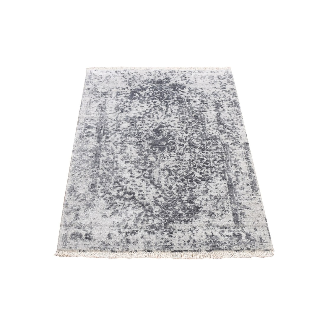 2'1"x3'1" Gray Zoroastrian Design Hand Knotted Wool and Silk Mat Rug: 2'1"x3'1" Gray Zoroastrian Design Hand Knotted Wool and Silk Mat Rug This stunning 2'1"x3'1" gray Zoroastrian design hand knotted wool and silk mat rug boasts a rich, intricate pattern in a soothing g