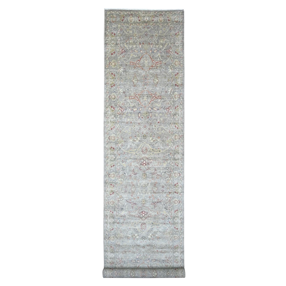 4'x19'3" Gray Peshawar Bijar Garus Design Hand Knotted Wool Runner Rug: 4'x19'3" Gray Peshawar Bijar Garus Design Hand Knotted Wool Runner Rug The 4'x19'3" Gray Peshawar Bijar Garus Design Hand Knotted Wool Runner Rug is a stunning example of traditional Afghan craftsmans