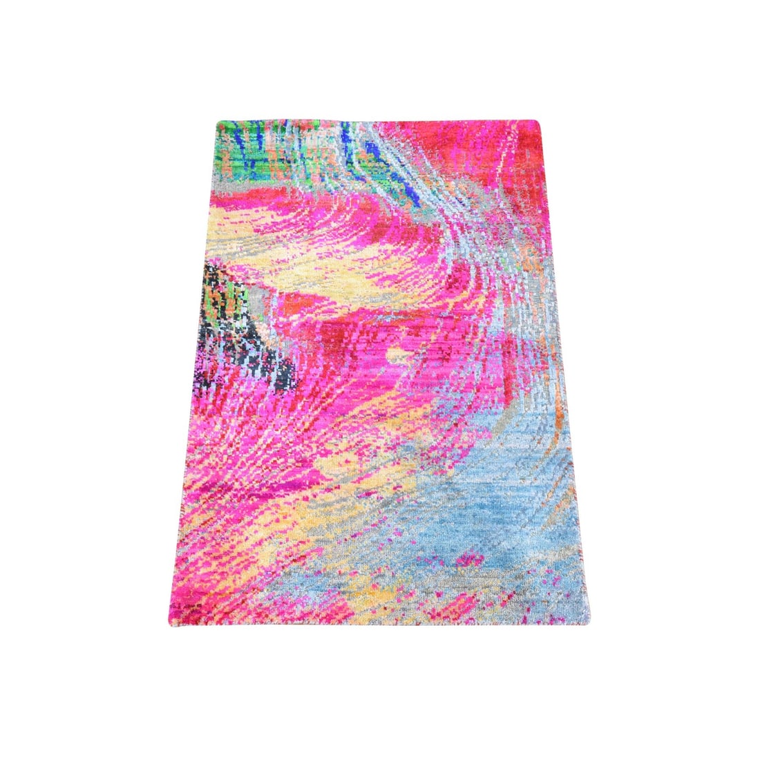 2'x3'1" Fuscia Pink Sari Silk Modern Design Hand Knotted Mat Rug: 2'x3'1" Fuscia Pink Sari Silk Modern Design Hand Knotted Mat Rug The 2'x3'1" Fuchsia Pink Sari Silk Modern Design Hand Knotted Mat Rug boasts a striking abstract Oriental design, rendered in vibrant f