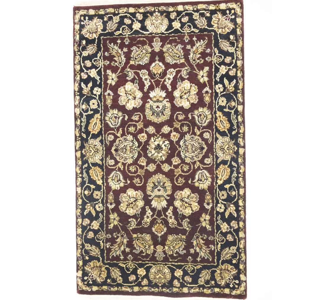 Handmade 3X5 Agra Jaipur Rug Floral Thick Pile Oriental Carpet Entryway Decor Hand-Knotted: Handmade 3X5 Agra Jaipur Rug Floral Thick Pile Oriental Carpet Entryway Decor Hand-Knotted Hand-knotted in wool with a thick, tea-washed pile, this 3'0 x 5'2 Agra Jaipur rug boasts a stunning floral p