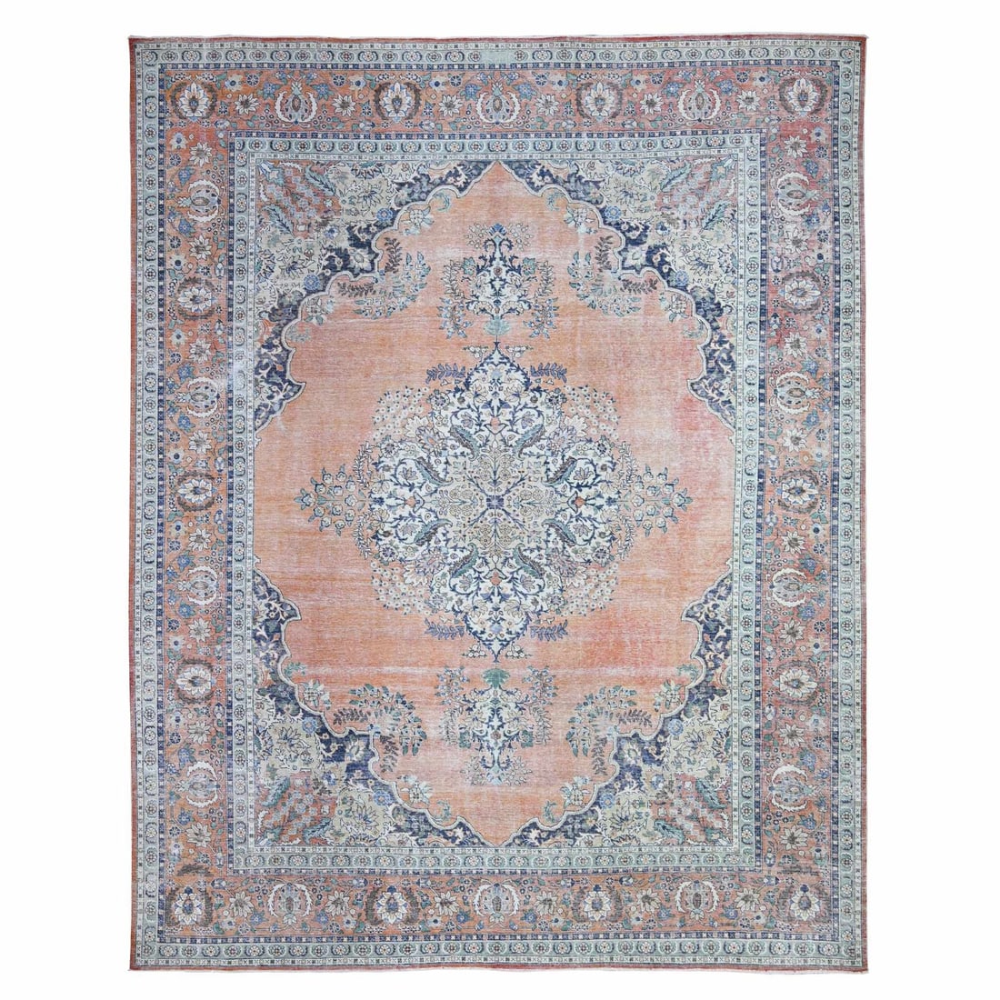 12'2"x15'2" Apricot Orange Wool Hand Knotted Vintage Tebraz Oversized Rug: 12'2"x15'2" Apricot Orange Wool Hand Knotted Vintage Tebraz Oversized Rug This stunning 12'2"x15'2" Apricot Orange Wool Hand Knotted Tebraz Oversized Rug boasts a vibrant orange field color and intric