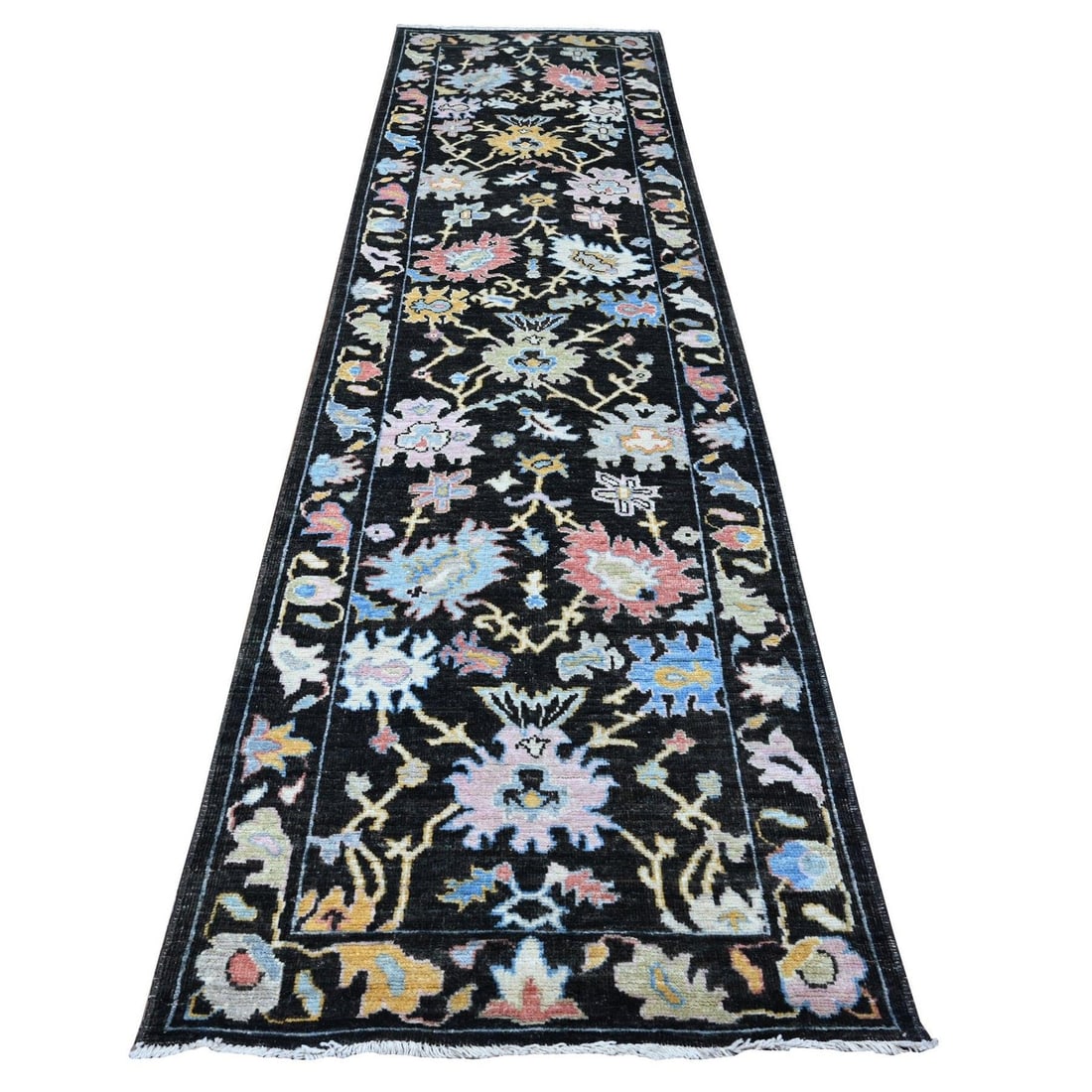 3'1"x11'6" Raisin Black Hand Knotted Angora Oushak Runner Oriental Rug: 3'1"x11'6" Raisin Black Hand Knotted Angora Oushak Runner Oriental Rug Hand-knotted with precision, this 3'1"x11'6" Oushak runner features a striking black field with intricate regional design, showca