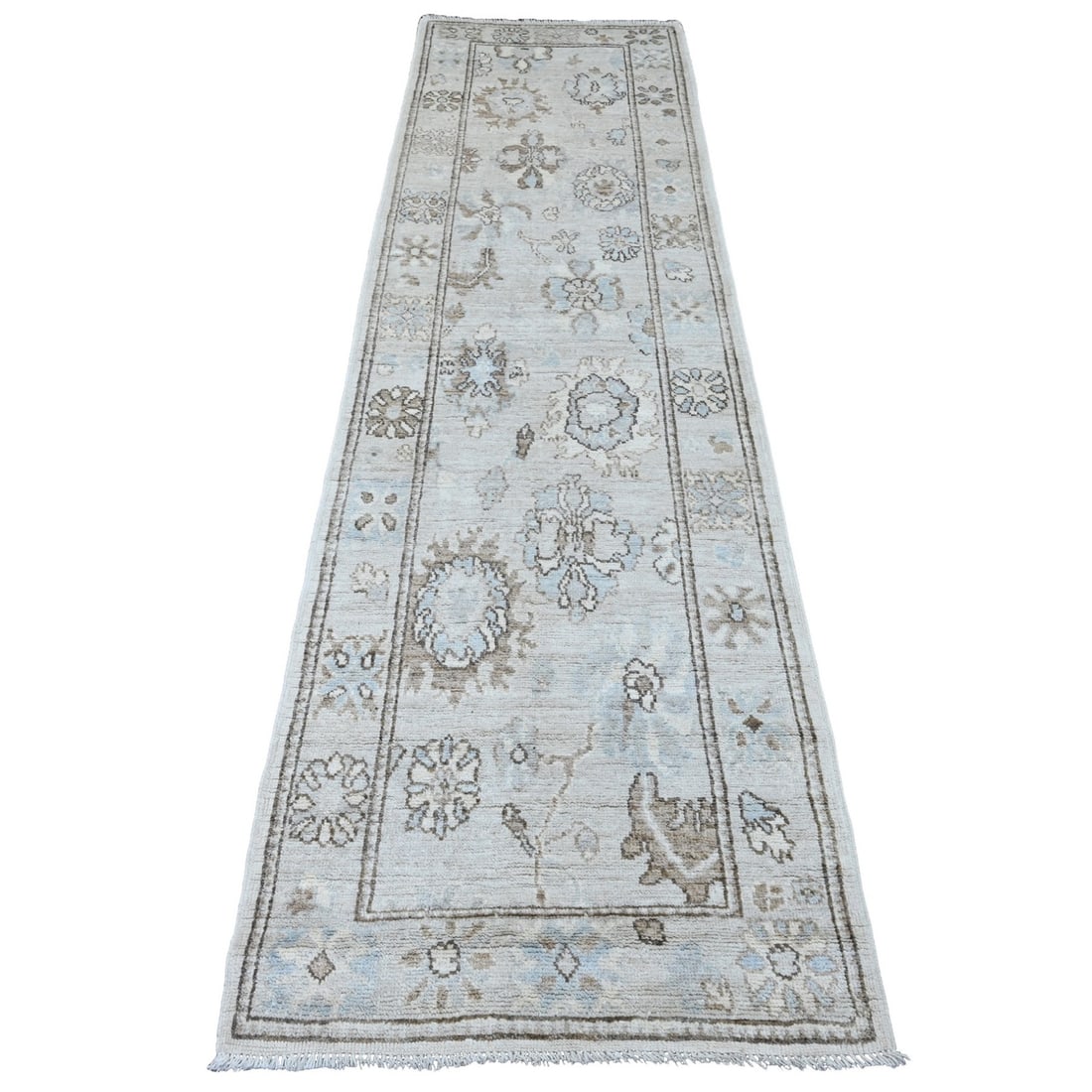 2'7"x9'9" Gray Angora Oushak Leaf Design Hand Knotted All Wool Runner Rug: 2'7"x9'9" Gray Angora Oushak Leaf Design Hand Knotted All Wool Runner Rug Hand-knotted in Afghanistan, this 2'7"x9'9" Gray Angora Oushak Leaf Design All Wool Runner Rug boasts a stunning oriental regi