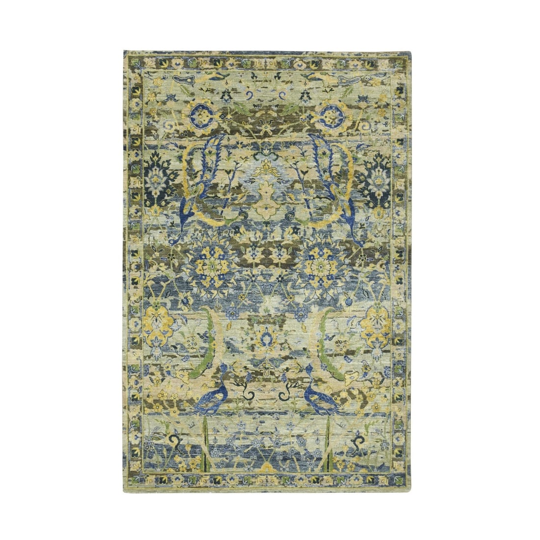 Rug Green Hand Knotted Pure Wool 6'1"x9'3" Broken Erased Birds Design: Rug Green Hand Knotted Pure Wool 6'1"x9'3" Broken Erased Birds Design Hand-knotted in pure wool, this stunning 6'1"x9'3" rug boasts a vibrant green field with an all-over design featuring broken, eras