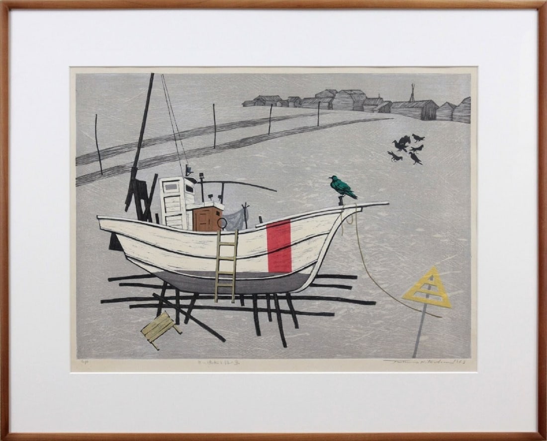 FUMIO KITAOKA White Fishing Boat and Blue Bird Woodblock Print Signed ED A.P (1 of 8)