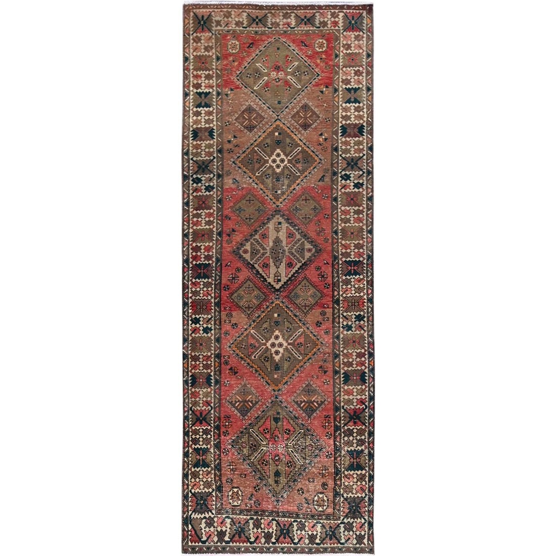 3'5"x10'3" Blush Red Vintage Zoroastrian Hand Knotted Pure Wool Runner Rug: 3'5"x10'3" Blush Red Vintage Zoroastrian Hand Knotted Pure Wool Runner Rug This stunning 3'5"x10'3" Blush Red Vintage Zoroastrian Hand Knotted Pure Wool Runner Rug boasts a rich, vibrant red color and