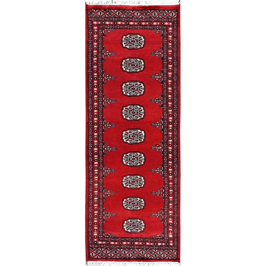 2'2"x6' Crimson Red Princess Bokara Soft Wool Hand Knotted Runner Rug: 2'2"x6' Crimson Red Princess Bokara Soft Wool Hand Knotted Runner Rug Crimson Red Princess Bokara Soft Wool Hand Knotted Runner Rug boasts a stunning geometric design, characteristic of Oriental regio