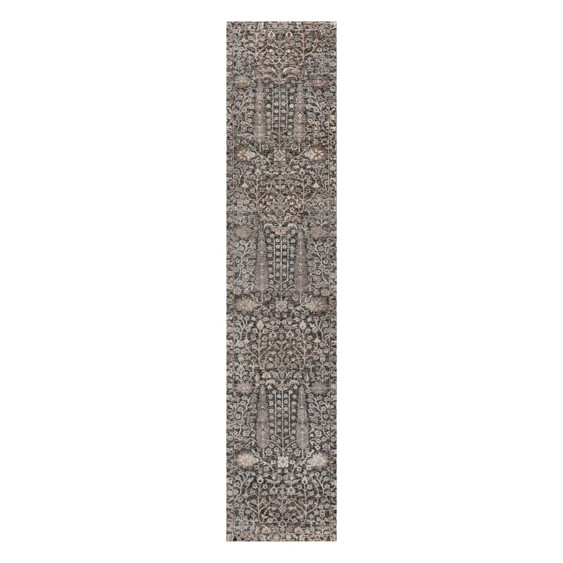 2'4"x12' Brown Cypress Tree Design Wool and Silk Hand Knotted Runner Rug: 2'4"x12' Brown Cypress Tree Design Wool and Silk Hand Knotted Runner Rug Woven with traditional techniques, this 2'4"x12' Brown Cypress Tree Design Wool and Silk Hand Knotted Runner Rug boasts a timel