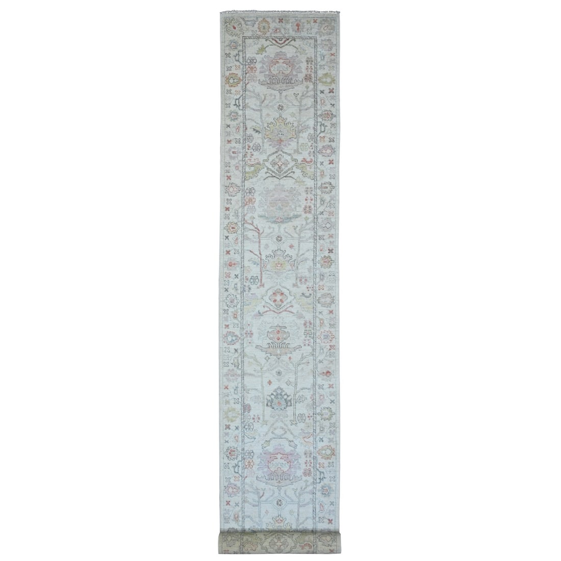 3'x22'5" White Angora Oushak Leaf Design All Wool Hand Knotted Runner Rug: 3'x22'5" White Angora Oushak Leaf Design All Wool Hand Knotted Runner Rug This stunning 3'x22'5" White Angora Oushak Leaf Design All Wool Hand Knotted Runner Rug is a masterpiece of traditional crafts