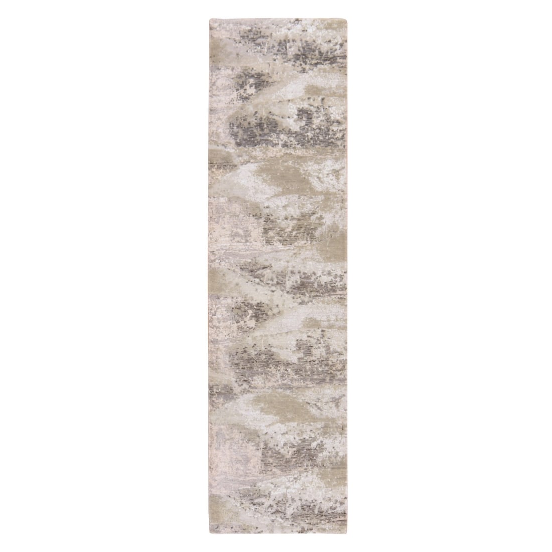 2'8"x9'10" Ivory Abstract Design Wool and Silk Hand Knotted Runner Rug: 2'8"x9'10" Ivory Abstract Design Wool and Silk Hand Knotted Runner Rug The 2'8"x9'10" Ivory Abstract Design Wool and Silk Hand Knotted Runner Rug boasts a striking ivory abstract design, perfectly cap