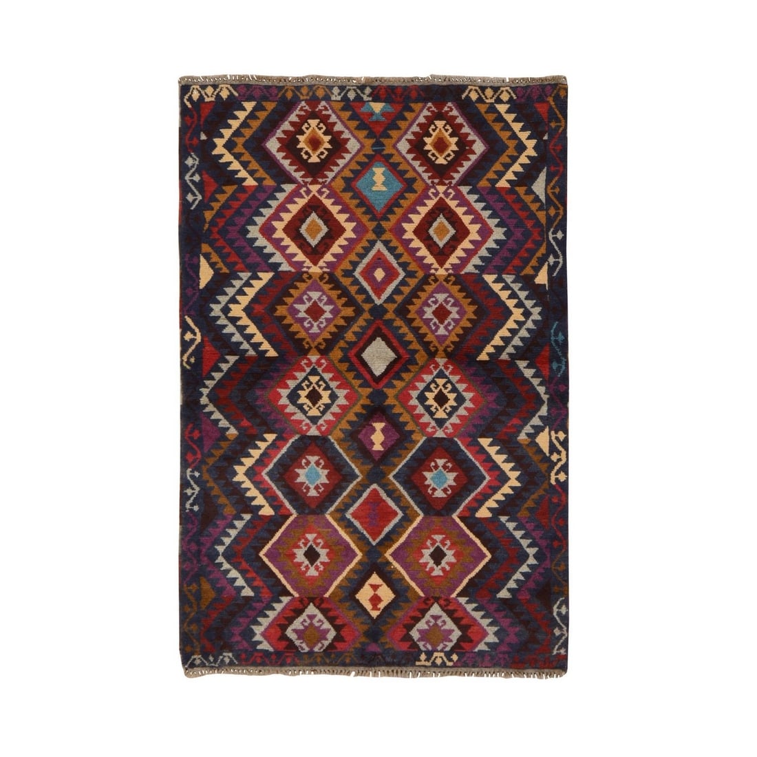 3'8"x5'7" Navy Blue Afghan Balooch with Geometric Design Hand Knotted Wool: 3'8"x5'7" Navy Blue Afghan Balooch with Geometric Design Hand Knotted Wool Navy blue and geometric design come together in this stunning 3'8"x5'7" hand-knotted wool Afghan Balooch, showcasing the rich