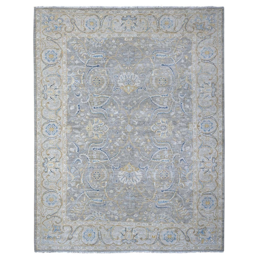 Hand Knotted Soft Wool Afghan Peshawar 9'x11'7" Gray Rug: Hand Knotted Soft Wool Afghan Peshawar 9'x11'7" Gray Rug Soft and cozy, this hand-knotted 9'x11'7" gray wool Afghan rug is a stunning addition to any room. Made from 100% wool, its natural fibers prov