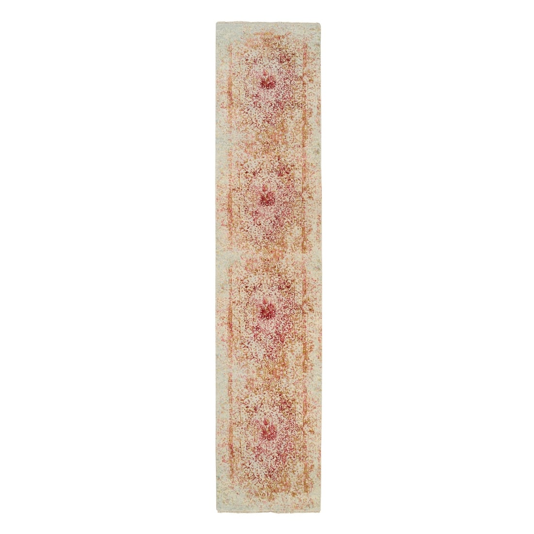 Pink Hand Knotted Farsian Wool Silk Runner Rug 2'6"x11'10: Pink Hand Knotted Farsian Wool Silk Runner Rug 2'6"x11'10 Hand-knotted in luxurious silk and wool, this stunning 2'6"x11'10" Farsian-style runner rug boasts a vibrant pink field color and subtle red-o