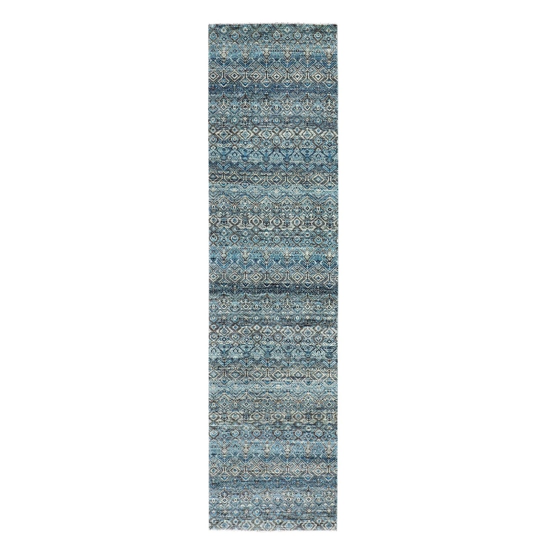 2'6"x10' Blue Hand Knotted Kohinoor Herrita Design 100% Wool Runner Rug: 2'6"x10' Blue Hand Knotted Kohinoor Herrita Design 100% Wool Runner Rug Hand-knotted in 100% wool, this stunning 2'6"x10' Blue Herrita design runner rug boasts a rich, vibrant blue field color and int