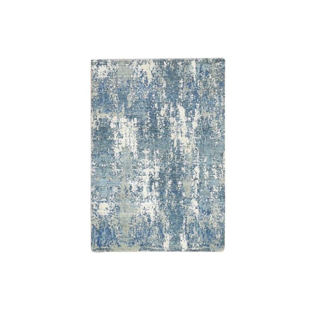 2'1"x3' Cerulean Blue Abstract Design Silk and Wool Hand Knotted Mat Rug (1 of 5)