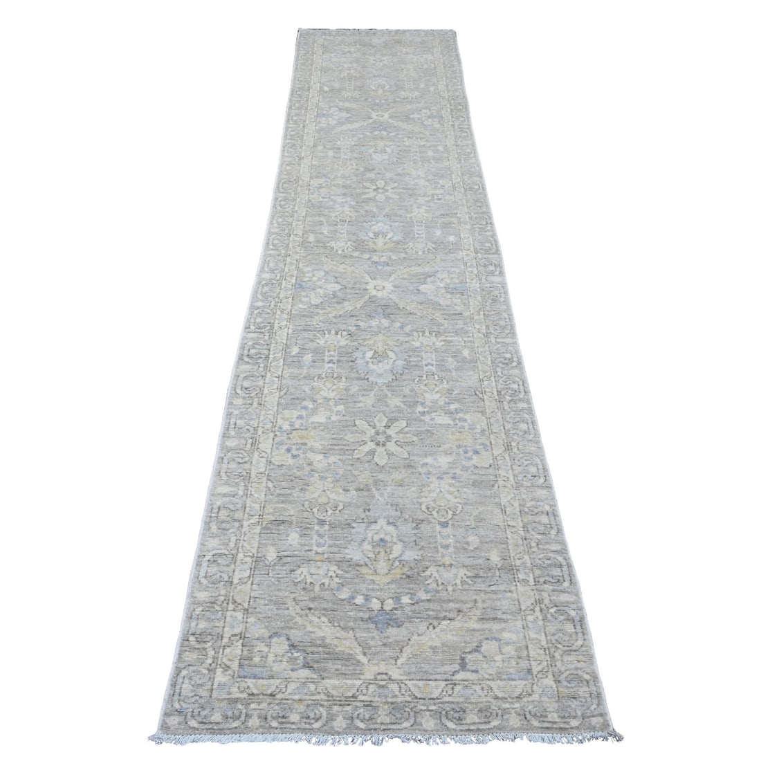 Pure wool runner rug 2'8"x11'9" gray washed out hand knotted Peshawar.: Pure wool runner rug 2'8"x11'9" gray washed out hand knotted Peshawar. Hand-knotted in Peshawar, this 2'8"x11'9" gray washed wool runner rug boasts a classic Oriental regional design, characteristic o