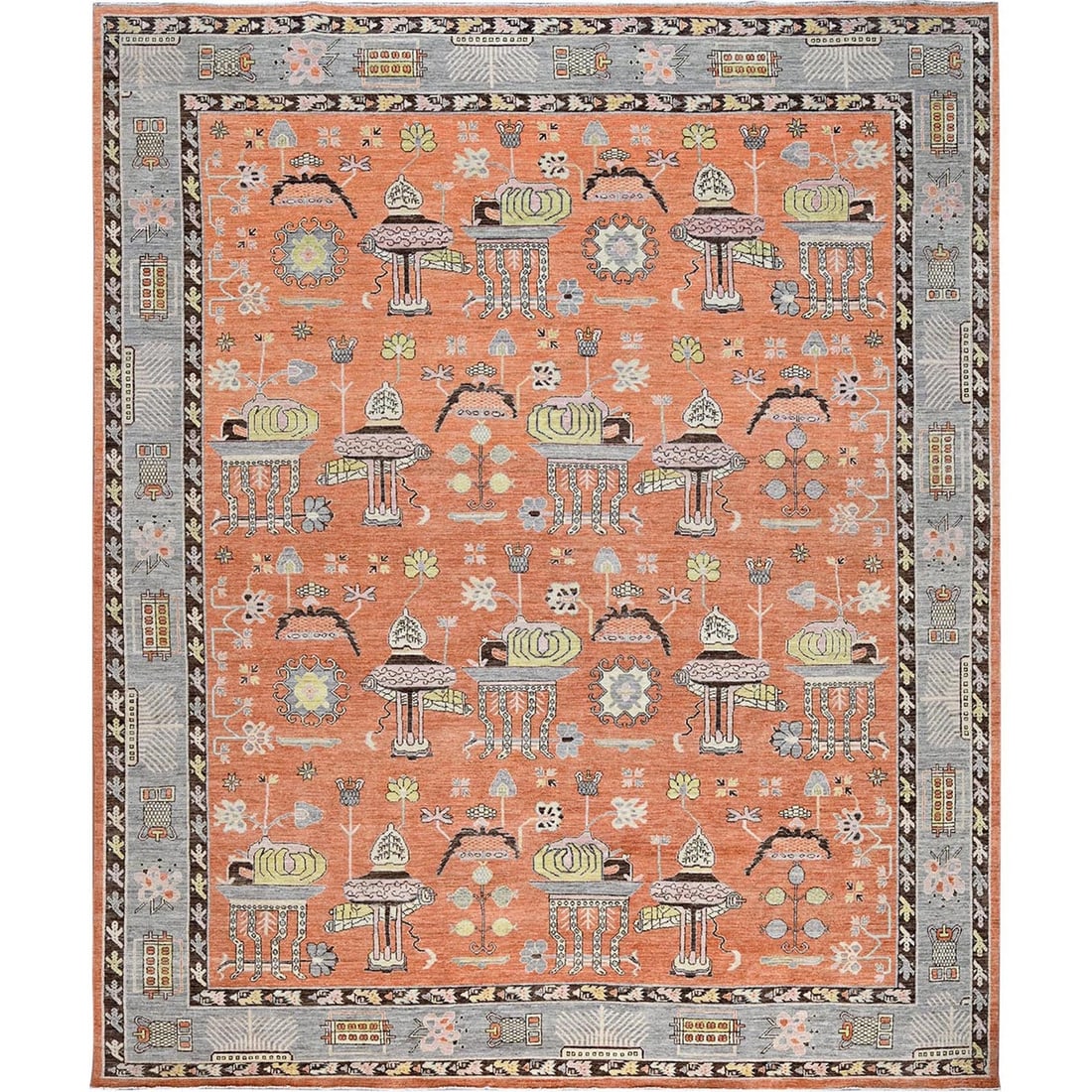 12'1"x14'6" Orange Khotan and Samarkand Design Hand Knotted Soft Wool Rug: 12'1"x14'6" Orange Khotan and Samarkand Design Hand Knotted Soft Wool Rug 12'1" x 14'6" Orange Khotan and Samarkand Design Hand Knotted Soft Wool Rug - A stunning, hand-knotted wool rug from Afghanist