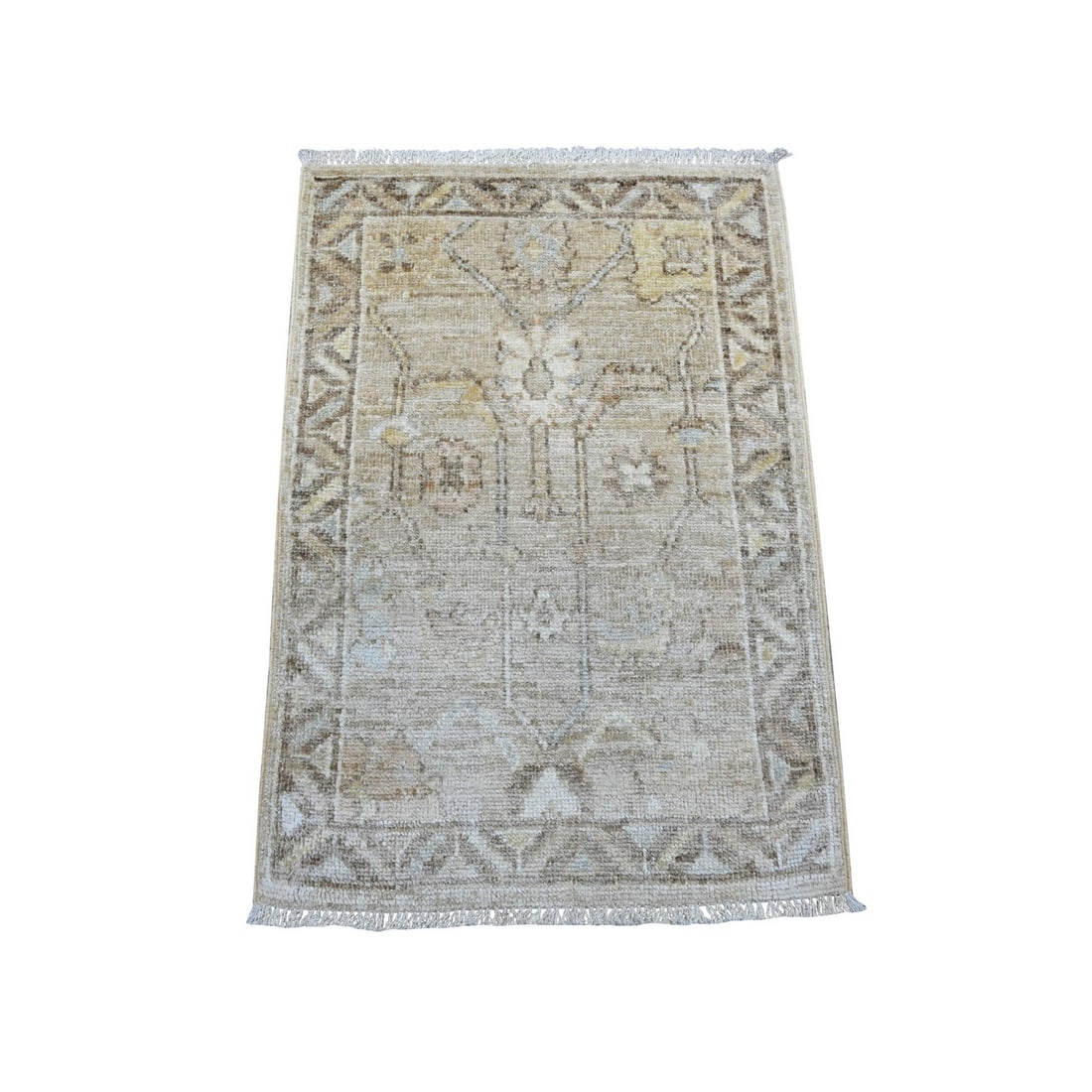 Light Brown Afghan Angora Oushak Hand Knotted Wool Mat Sample Rug: Light Brown Afghan Angora Oushak Hand Knotted Wool Mat Sample Rug Light Brown Afghan Angora Oushak Hand Knotted Wool Mat Sample Rug is a beautifully crafted, hand-knotted wool rug with a rich, floral 