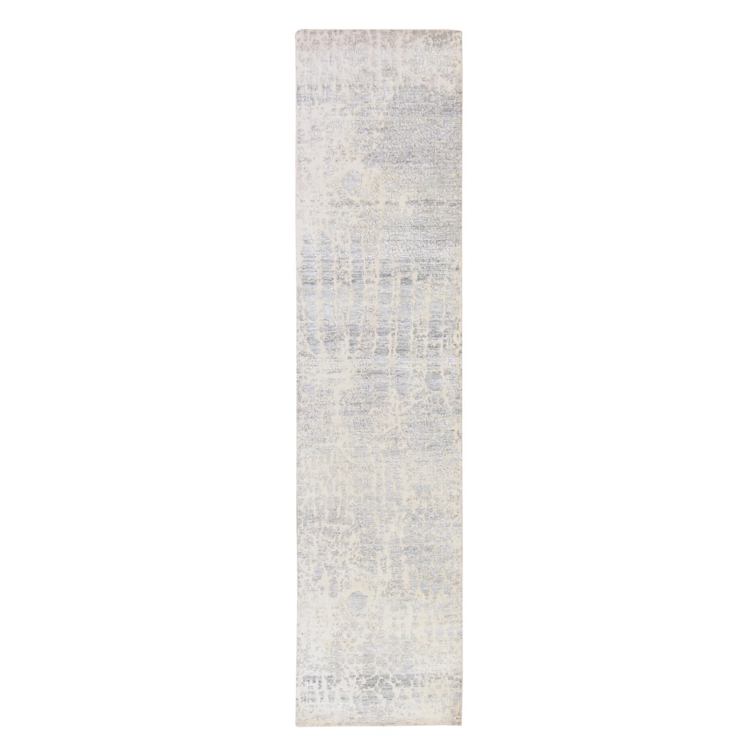 5 2'5 Gray Reptile Skin Wool Silk Hand Knotted Oriental Runner: 5 2'5 Gray Reptile Skin Wool Silk Hand Knotted Oriental Runner Modern 2'5" x 10'1" Hand-Knotted Wool & Silk Grey Oriental Runner with a subtle abstract field design, crafted using traditional hand-kno