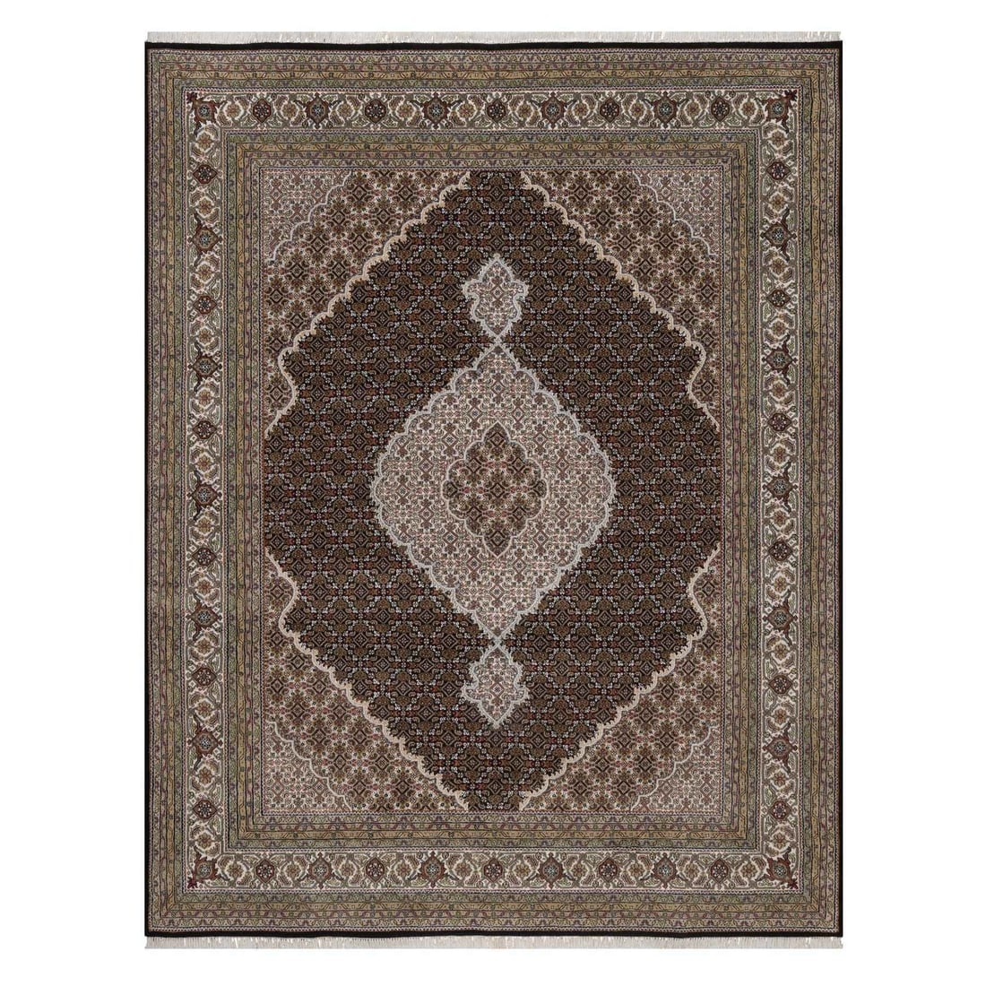 8'x10' Black 175 KPSI Tebraz Mahi with Medallion Design Hand Knotted Wool: 8'x10' Black 175 KPSI Tebraz Mahi with Medallion Design Hand Knotted Wool Black Tebraz Mahi Hand Knotted Wool Rug, 8'x10' Rectangular Field with Medallion Design. This stunning 8'x10' hand-knotted woo