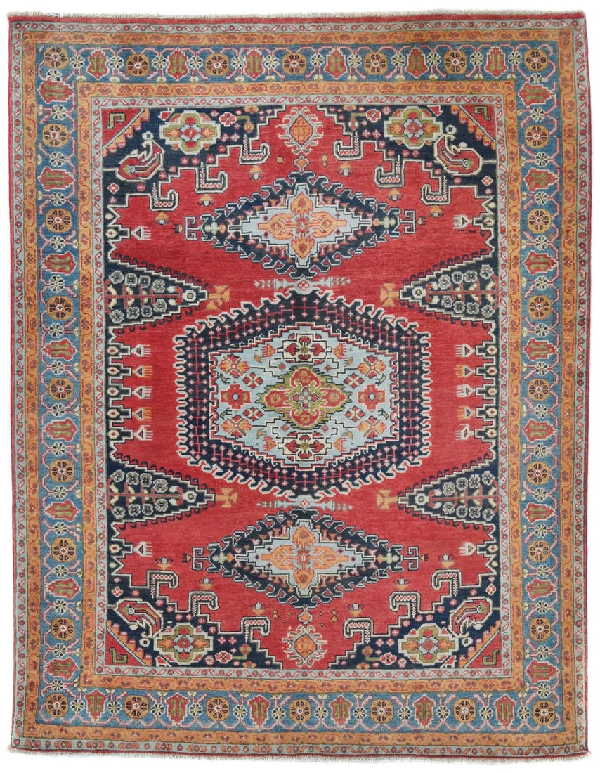 Red Geometric Modern Kazak Rug 4'11X6'2 Handmade Oriental Carpet Pakistan Hand-Knotted: Red Geometric Modern Kazak Rug 4'11X6'2 Handmade Oriental Carpet Pakistan Hand-Knotted Hand-knotted in wool with a cotton foundation, this 4'11 x 6'2 Geometric Modern Kazak Rug boasts a vibrant red an
