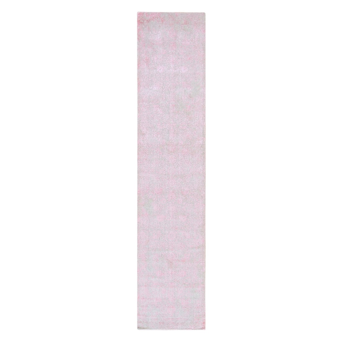 Pink Zoroastrian Design Hand Loomed Wool Silk Runner 2'6"x11'10: Pink Zoroastrian Design Hand Loomed Wool Silk Runner 2'6"x11'10 Handloomed with intricate Zoroastrian design, this stunning pink wool silk runner measures 2'6" x 11'10" and boasts a unique all-over pa
