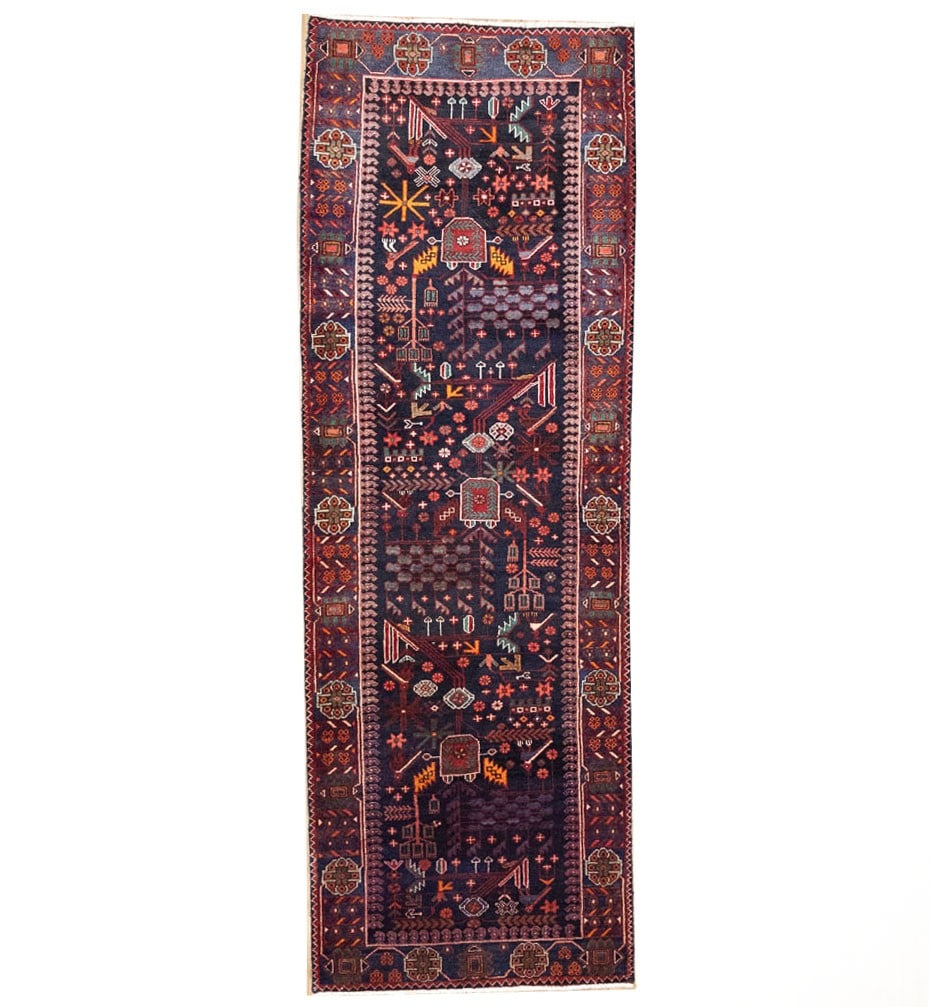 3'4 X 9'11 Vintage Handmade Tribal Oriental Runner Rug Hallway Carpet 3X10 Ft Hand-Knotted: 3'4 X 9'11 Vintage Handmade Tribal Oriental Runner Rug Hallway Carpet 3X10 Ft Hand-Knotted Hand-knotted in wool, this 3'4 x 9'11 vintage runner rug boasts a stunning geometric tribal pattern in a rich