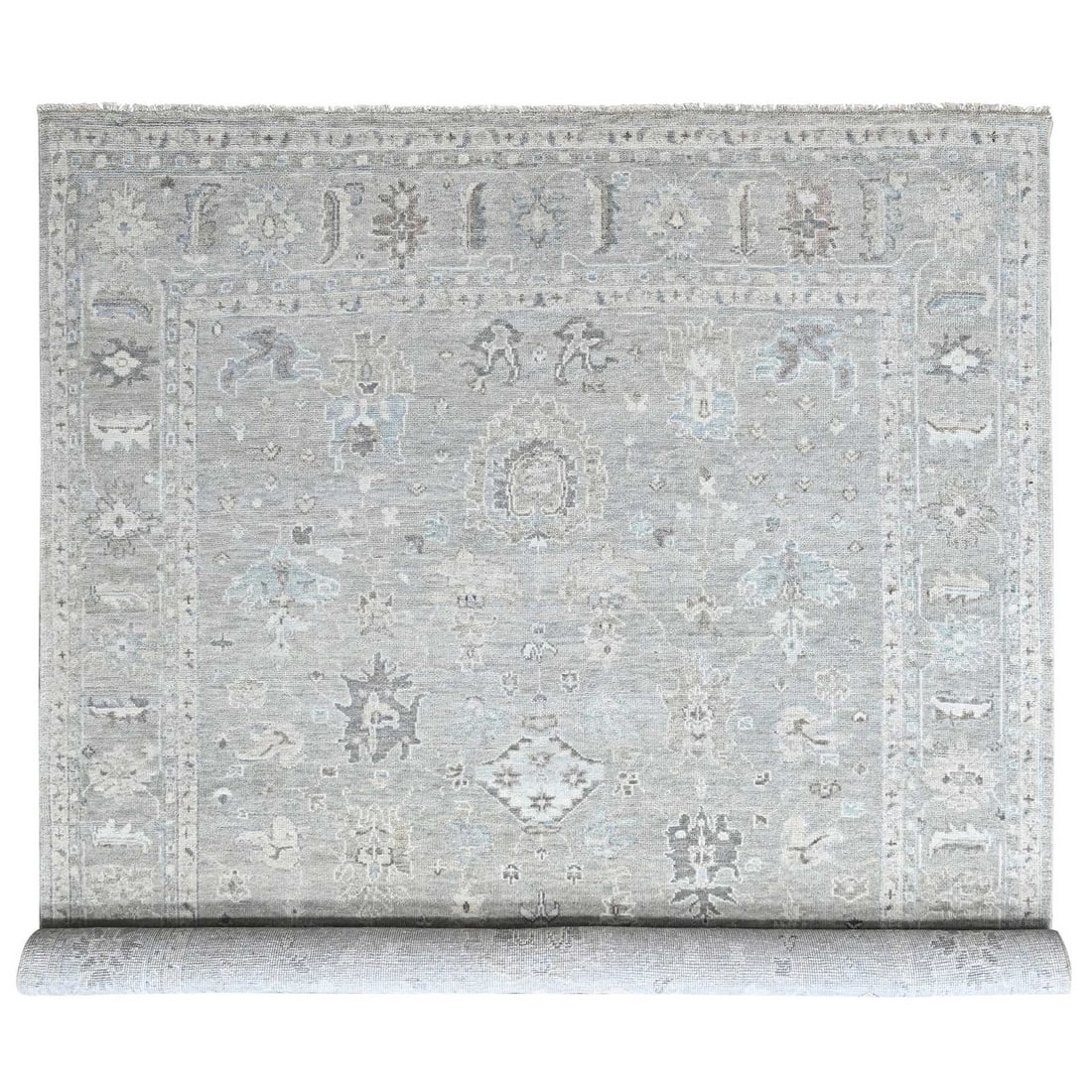Hand knotted wool rug 11'9"x14'9" gray supple collection oushak design: Hand knotted wool rug 11'9"x14'9" gray supple collection oushak design Hand-knotted wool rug in a stunning gray oushak design, measuring 11'9" x 14'9" and boasting a rich, supple texture. The all-over