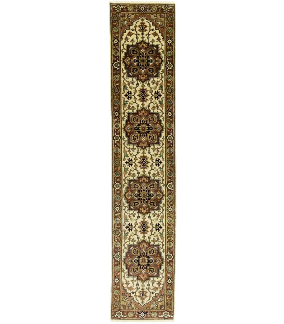 2'6 X 12'3 Cream Heriz Serapi Runner Rug Geometric Oriental Carpet 3X12 Ft Hand-Knotted: 2'6 X 12'3 Cream Heriz Serapi Runner Rug Geometric Oriental Carpet 3X12 Ft Hand-Knotted Hand-knotted in wool and cotton, this 2'6 x 12'3 Geometric Oriental Carpet features a vibrant cream color with s