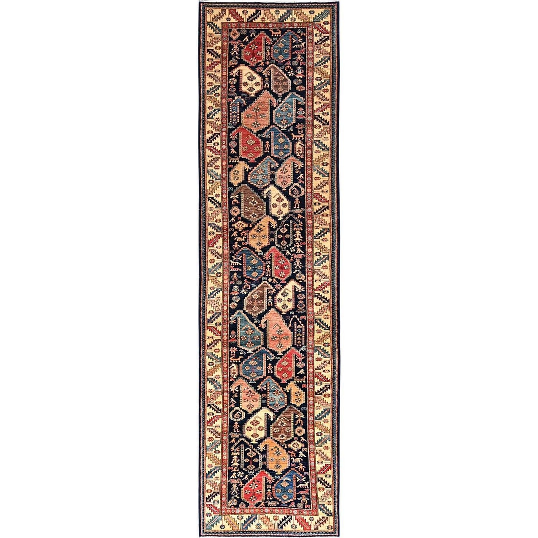 4'2"x17'9" Midnight Blue Northwest Zoroastrian Hand Knotted Wool Runner Rug: 4'2"x17'9" Midnight Blue Northwest Zoroastrian Hand Knotted Wool Runner Rug Midnight Blue Northwest Zoroastrian Hand Knotted Wool Runner Rug boasts a stunning all-over paisley pattern in rich blue hue