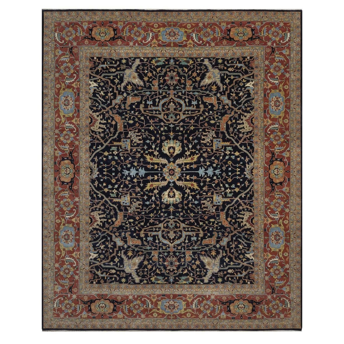 12'2"x14'10" Midnight Blue Hand Knotted Wool Fine Heris Re-Creation Rug: 12'2"x14'10" Midnight Blue Hand Knotted Wool Fine Heris Re-Creation Rug Midnight Blue Heris Rug: A stunning, hand-knotted wool rug with an all-over regional design in a rich, midnight blue field, acce