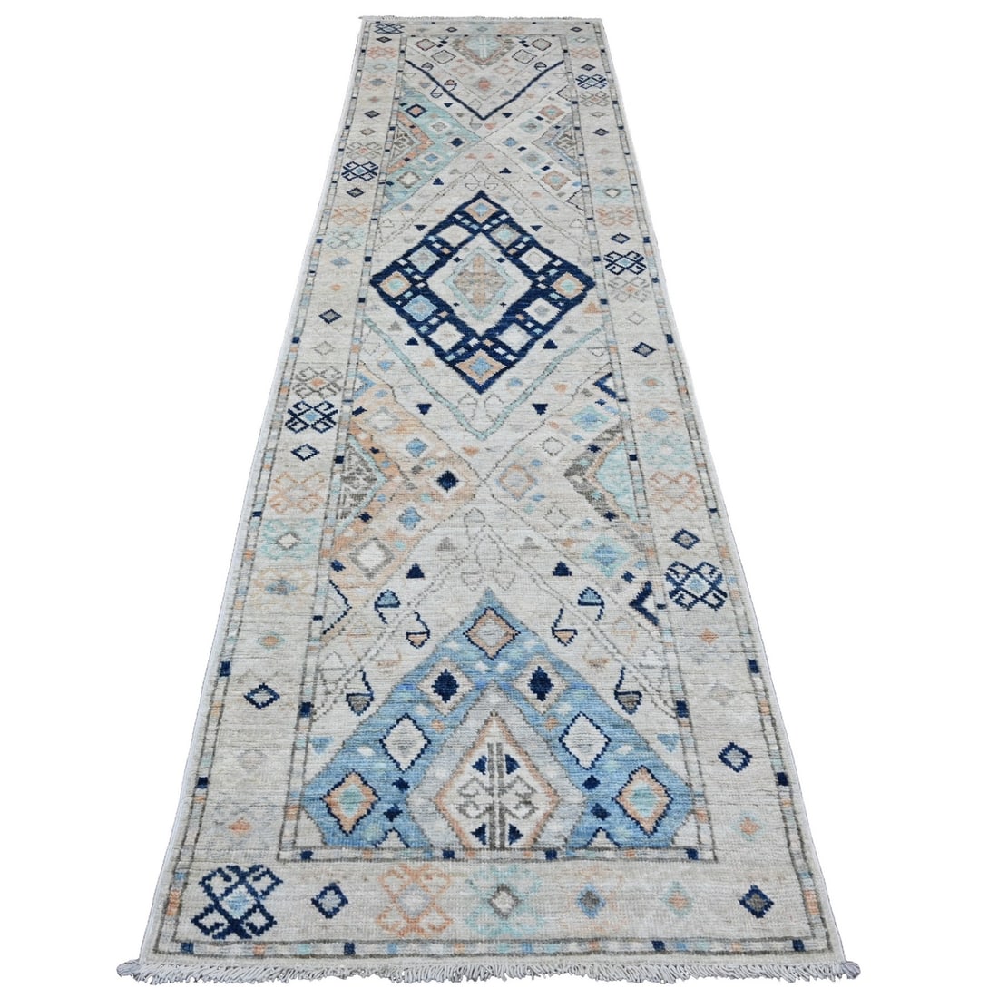3'1"x11'8" White Anatolian Village Design Wool Hand Knotted Runner Rug: 3'1"x11'8" White Anatolian Village Design Wool Hand Knotted Runner Rug This stunning 3'1"x11'8" White Anatolian Village Design Wool Hand Knotted Runner Rug boasts a striking ivory color and intricate 