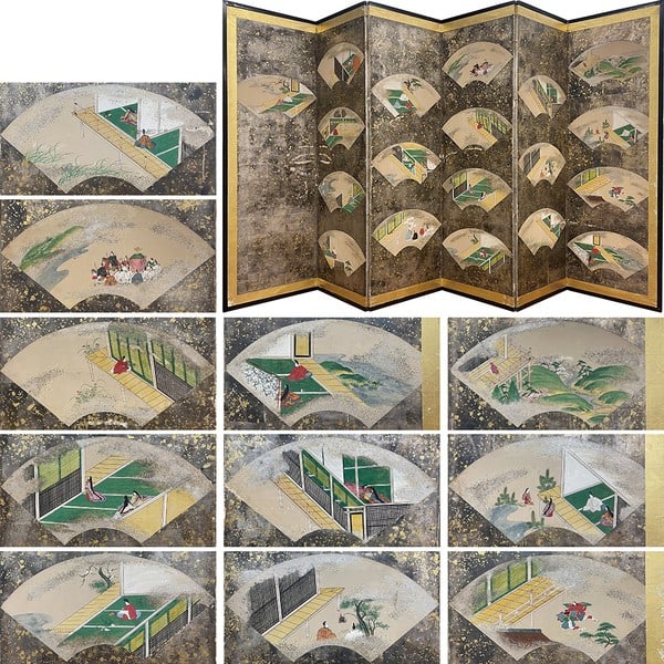 Edo Period Japanese Tale of Genji Folding Screen 6 Panel Fan Painting Byobu (1 of 2)