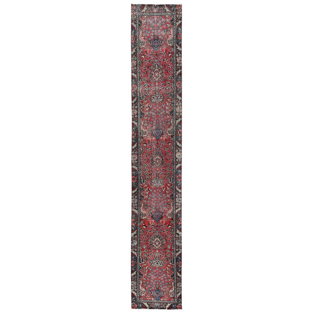 2'3"x15' Red Vintage Zoroastrian Tebraz Pure Wool Hand Knotted Runner Rug: 2'3"x15' Red Vintage Zoroastrian Tebraz Pure Wool Hand Knotted Runner Rug This stunning 2'3"x15' Red Vintage Zoroastrian Tebraz Pure Wool Hand Knotted Runner Rug boasts an all-over regional design, sh