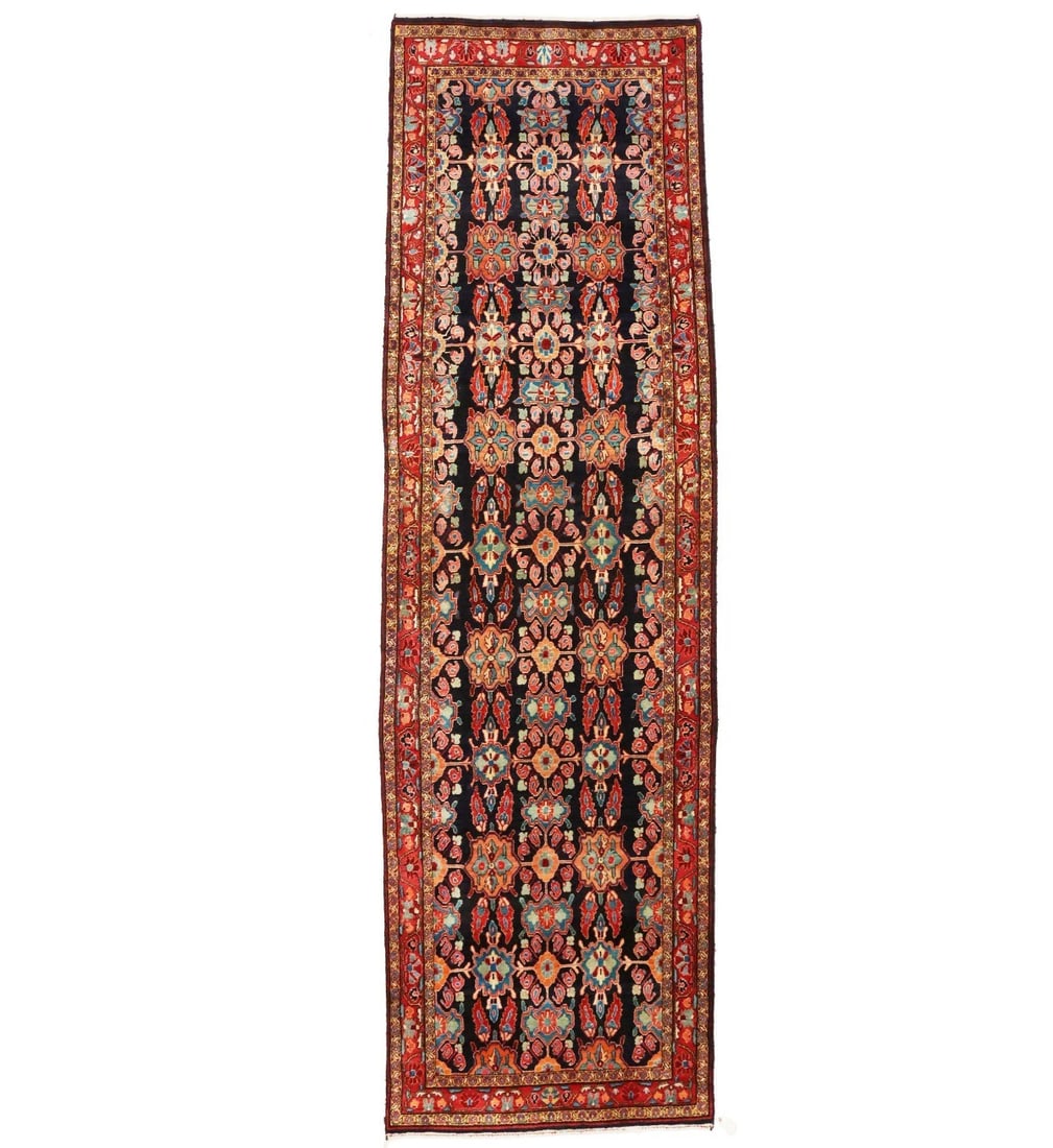 3'9 X 13'1 Rare Vintage Handmade Floral Runner Rug Hallway Carpet 4X13 Ft Hand-Knotted: 3'9 X 13'1 Rare Vintage Handmade Floral Runner Rug Hallway Carpet 4X13 Ft Hand-Knotted This 3'9 X 13'1 handmade floral runner rug boasts a rich, dark purple-navy/charcoal orange-red gold blue color pa