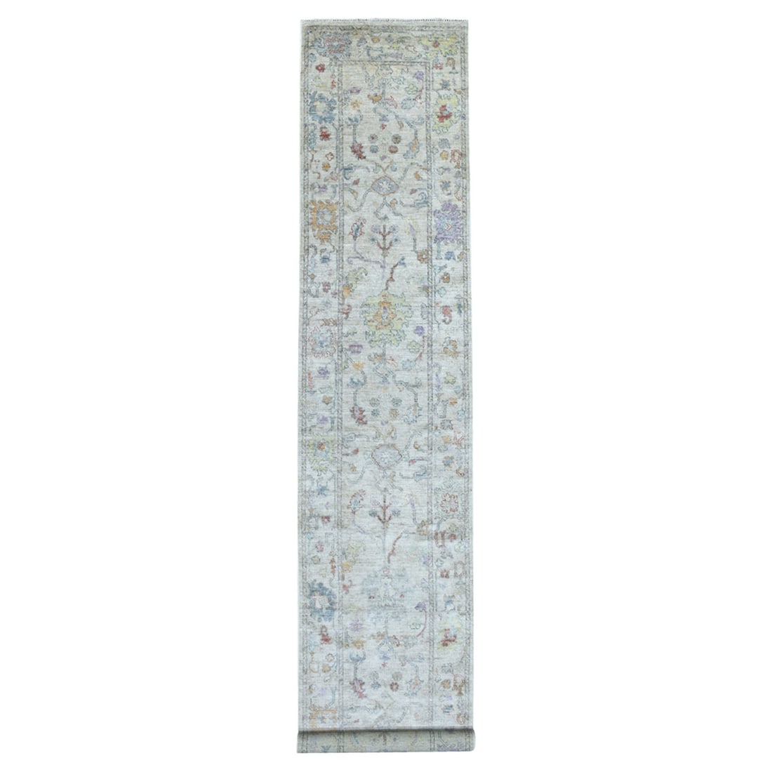 2'10"x16' Hand Knotted Soft Wool Angora Oushak Light Gray XL Runner Rug: 2'10"x16' Hand Knotted Soft Wool Angora Oushak Light Gray XL Runner Rug Soft wool and angora blend in a light gray hue, this hand-knotted Afghan-style Oushak rug boasts a subtle, oriental regional des