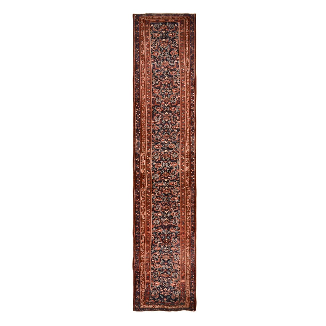 3'4"x16'3" Navy Blue Antique Zoroastrian Rug Pure Wool Hand Knotted Runner: 3'4"x16'3" Navy Blue Antique Zoroastrian Rug Pure Wool Hand Knotted Runner Navy blue, this 3'4"x16'3" Zoroastrian hand-knotted wool runner boasts an all-over regional design with intricate patterns. C