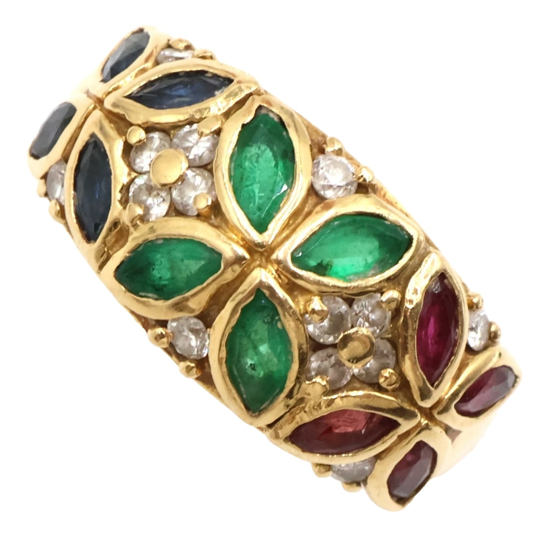 18k Yellow Gold Emerald Ruby Sapphire Diamond Multi Gem Flower Band Ring (1 of 8)