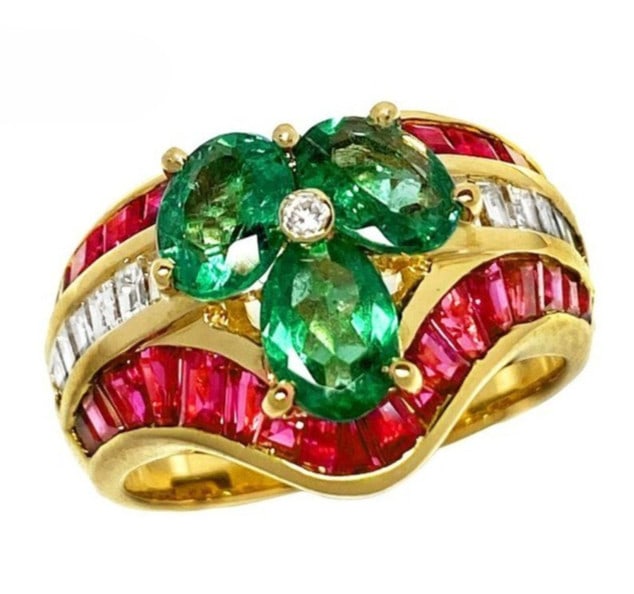 Ruby 1.41ct Diamond 18k Yellow Gold Flower Bold Cocktail Ring Emerald 1.74ct: Ruby 1.41ct Diamond 18k Yellow Gold Flower Bold Cocktail Ring Emerald 1.74ct Item Specifics: Shape: Flower Main Stone Creation: Natural Occasion: Anniversary Birthday Christening Christmas Engagement 