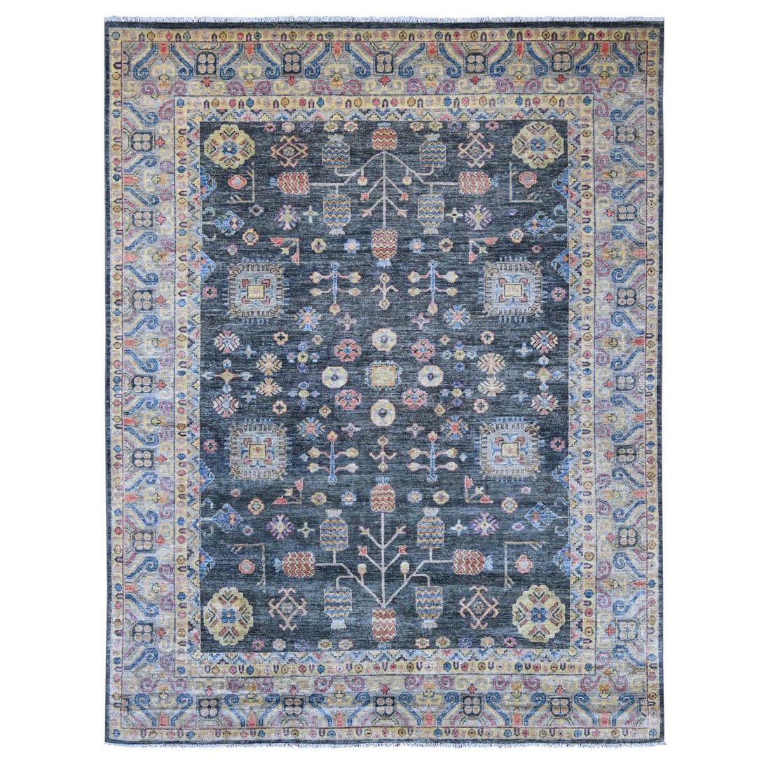 Hand Knotted Wool Peshawar with Gray Khotan Design Pomegranate 8'9"x11'5: Hand Knotted Wool Peshawar with Gray Khotan Design Pomegranate 8'9"x11'5 Wool Peshawar rug with a striking gray Khotan design, this hand-knotted 8'9"x11'5" rectangular field rug features a timeless al
