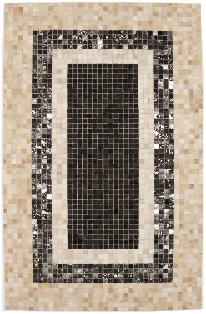 5X8 Rare Black Cowhide Leather Rug Handmade Modern Carpet Contemporary Dcor Hand-Knotted: 5X8 Rare Black Cowhide Leather Rug Handmade Modern Carpet Contemporary Dcor Hand-Knotted Made from genuine cowhide leather, this 5'0 x 8'0 hand-knotted rug boasts a unique geometric pattern and a flat