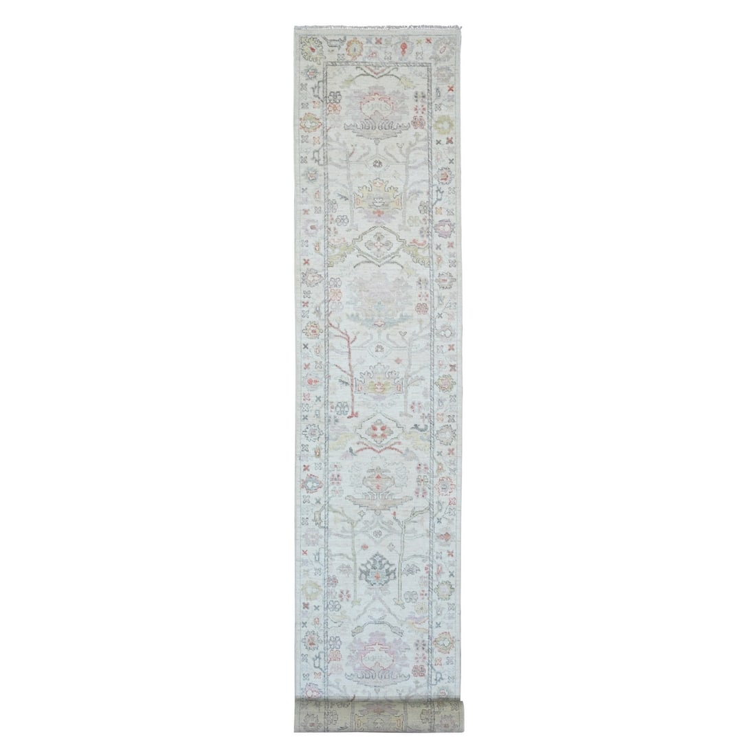 White Angora Oushak Leaf Design Hand Knotted Wool Runner Rug 3'1"x22'4: White Angora Oushak Leaf Design Hand Knotted Wool Runner Rug 3'1"x22'4 Hand-knotted in wool, this stunning Oushak-style runner rug boasts an intricate leaf design in soft ivory hues. Measuring 3'1" x 