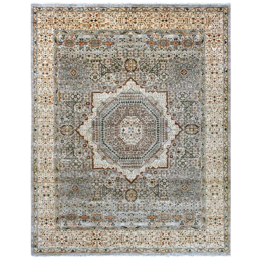 7'10"x9'10" Gray 14th Century Mamluk Dynasty Pattern Wool Hand Knotted Rug: 7'10"x9'10" Gray 14th Century Mamluk Dynasty Pattern Wool Hand Knotted Rug The 7'10"x9'10" Gray Mamluk Dynasty Pattern Wool Hand Knotted Rug is a stunning example of traditional Oriental design, boast