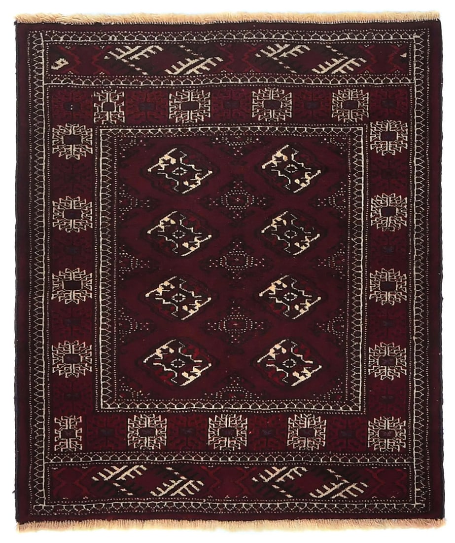 Handmade Vintage Oriental Rug Tribal Geometric Design Decor Carpet 3'2X3'8 Ft Hand-Knotted: Handmade Vintage Oriental Rug Tribal Geometric Design Decor Carpet 3'2X3'8 Ft Hand-Knotted Hand-knotted in wool, this vintage Oriental rug boasts a striking geometric design in rich maroon, red, and c