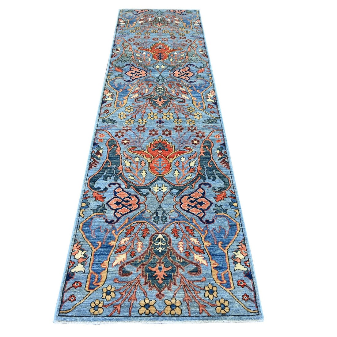Blue Bijar Garus Design Hand Knotted Stone Soft Wool Runner Rug: Blue Bijar Garus Design Hand Knotted Stone Soft Wool Runner Rug Softly glowing blue hues adorn this stunning hand-knotted wool runner rug, crafted with traditional Peshawar design. Made from high-qual